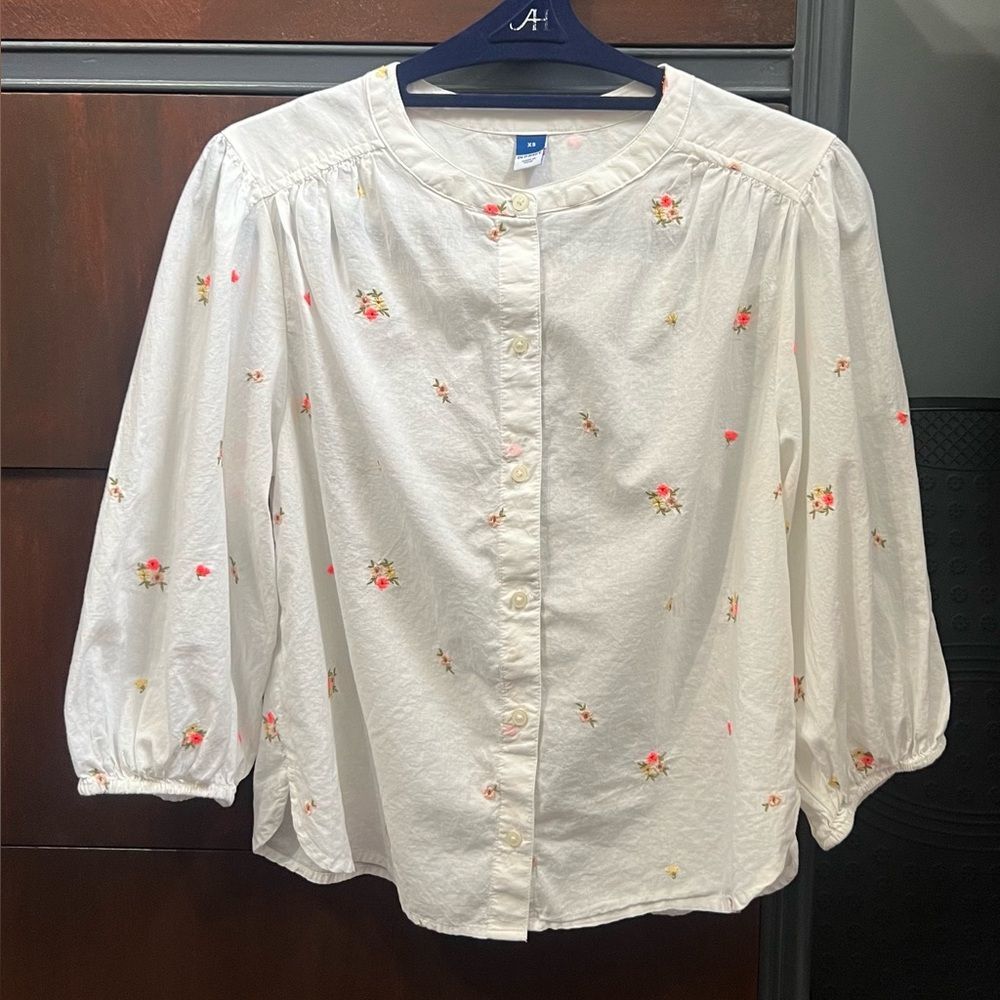 Old Navy White Floral Puff Sleeve Blouse - Cottagecore Style - Sz XS